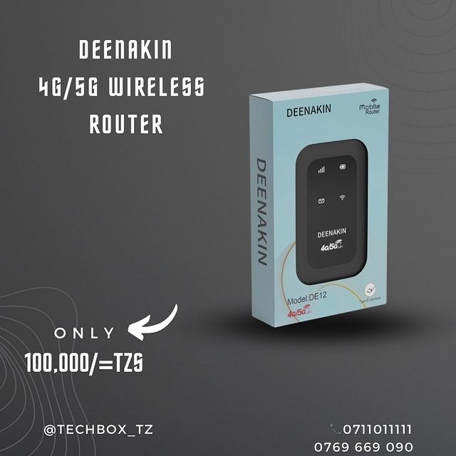 Takeer - Deenakin mobile router
Price:100,000/=tzs
-4g/5g 150mbps data speed
-2.4g 300mops wifi speed
-12 hours working
-12 devices supported
Cash in delive...