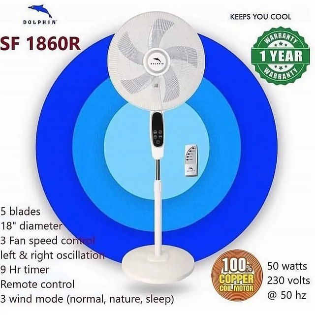 Takeer - Dolphine Fen SF1860R ☑️Bei 180,000/= 
 ▶️Remote Control 
▶️5 blades
 ▶️3 fan Speed control
 ▶️18” Diameter
 ▶️Left and Right Oscillations 
▶️9hr ti...