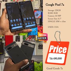 Takeer - Google Pixel 7a 
Tsh 690,000
⬛128GB/8GB/64 MP/6.1"/SINGLE SIM + eSim.
⬛MTUMBA HALI MPYA TOKA USA.
⬛Ni simu bila accessories zake.
⬛INASOMA LINE ZOT...