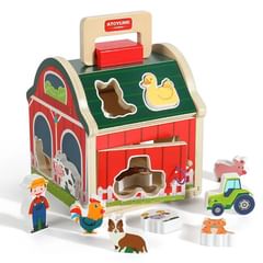 Takeer - Farm Animals Toy for 1 2 3 Year Old Girls and Boys, Wooden Take-Along Sorting Barn Toy with Door, Shape Sorter Wooden Blocks Baby Montessori Learni...