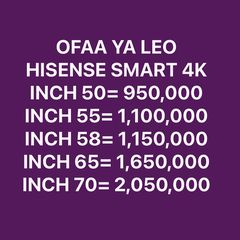 Takeer - OFAA YA TV ZA HISENSE NI OFAA KWA KUANZIA INCH 43MPAKA 85 UNAFANYIWA DELIVERY POPOTE ULIPO NA UTALIPIA BAADA YA KUPOKEA MZIGO 
KWA MAWASILIANO ZAID...