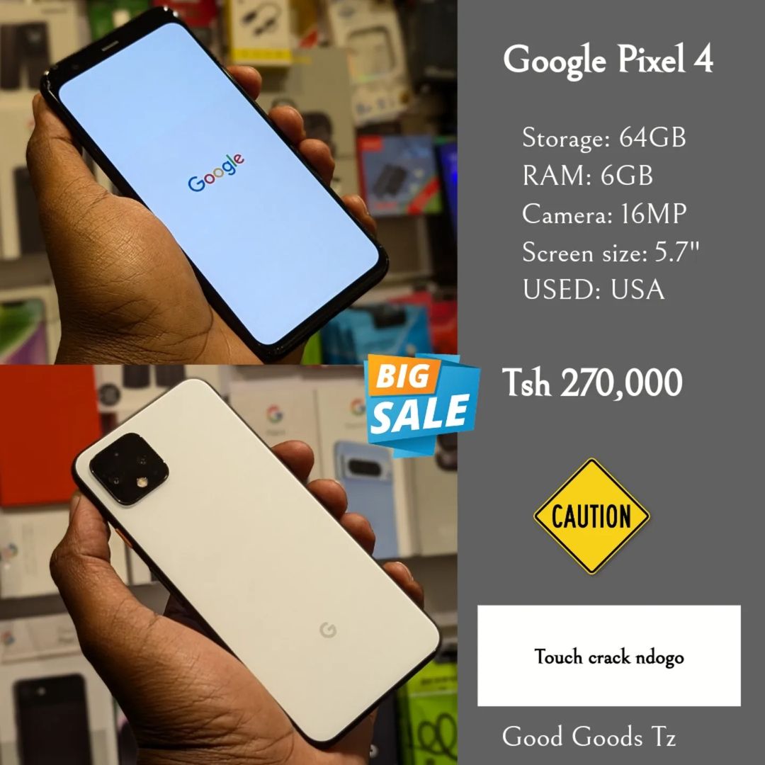 Takeer - Google Pixel 4
Tsh 270,000
⬛64GB/6GB/16 MP/5.7"/SINGLE SIM.
⬛MTUMBA MPYA TOKA USA.
🟥TOUCH CRACK NDOGO SANA. TOUCH NA VYENGINE VYOTE VYA SIMU VINAF...