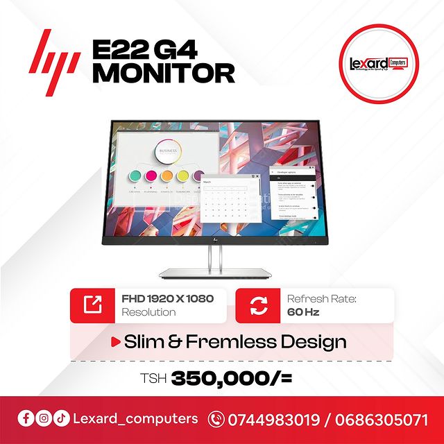 Takeer - HP E22 G4 monitor:

🖥️:- UPGRADE Your WORKSPACE 
 - with the HP E22 G4 – crystal-clear visuals for a more productive you.

👀:- SEE MORE , DO MORE...