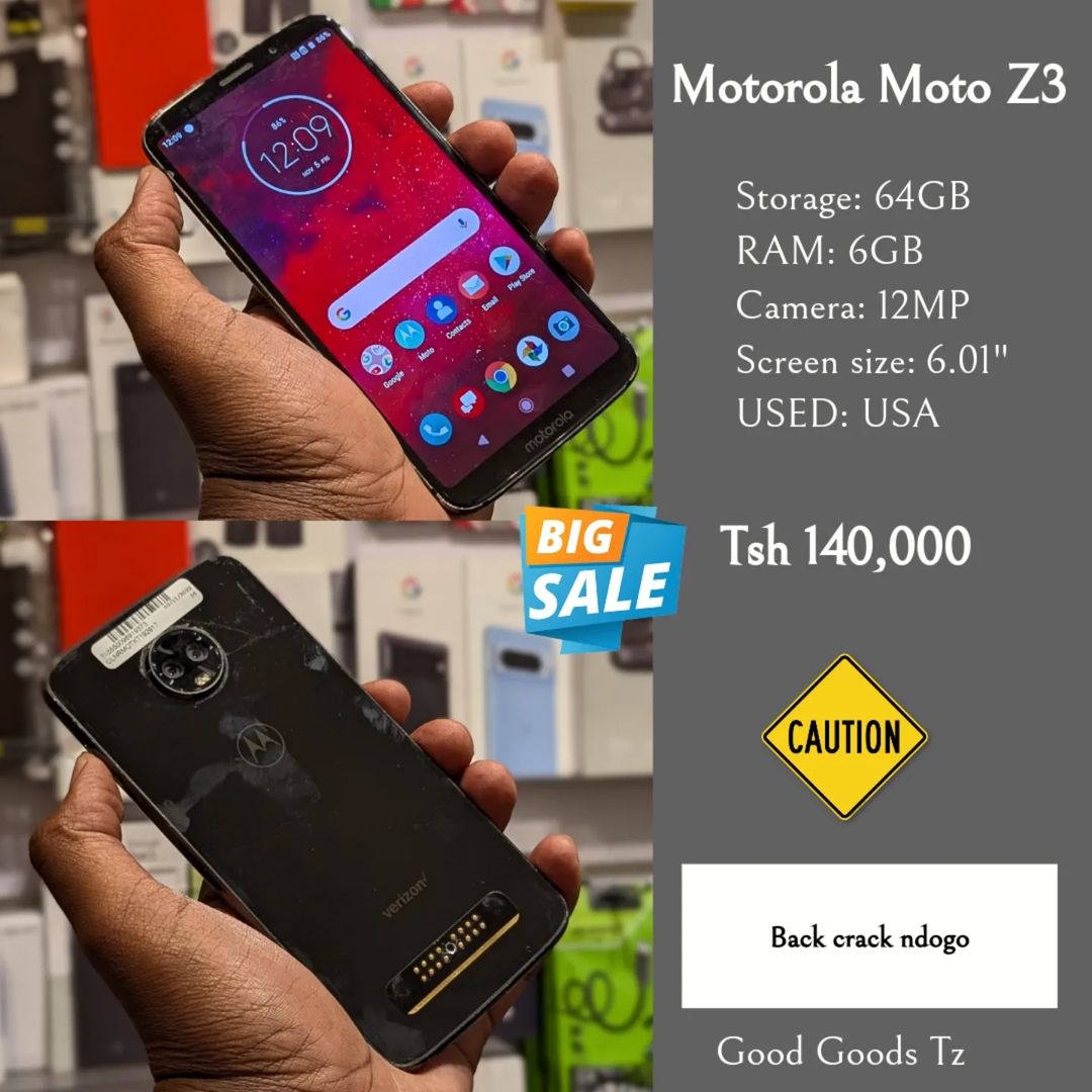 Takeer - Motorola Moto Z3
Tsh 140,000
⬛64GB/6GB/12 MP/6.01"/SINGLE SIM.
⬛MTUMBA MPYA TOKA USA.
🟥CRACK NDOGO MFUNIKO WA NYUMA.
⬜VYENGINE VYOTE SIMU INAFANYA...