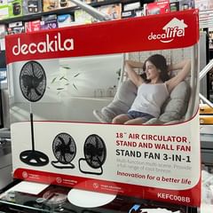 Takeer - Decakila 18Inch Fan
•3in1 Fan (Wall  Fan,Stand Fan &Air Circulator Fan
•5 Wing Span(Strong Air Flow)
•3 Speed Settings ( 3 Velocidades)
•Height Adj...