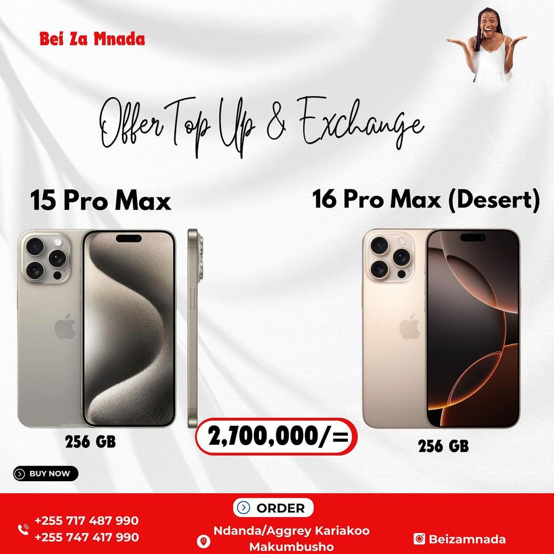 Takeer - IPHONE 16 SERIES
16 PRO MAX 256
16  PRO MAX 512
16 PRO 256
16 PRO 128
16 128
UNAEZA LIPIA CASH AU UNAEZA LETA SIMU YAKO YA ZAMANI YOYOTE UKAONGEZA ...