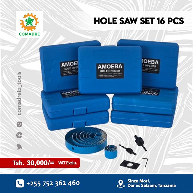 Takeer - Hole saw set available in stock. High speed steel teethfor fast and clean cut.

Price: Tzs. 30,000/= only

Order now 👉 
                     