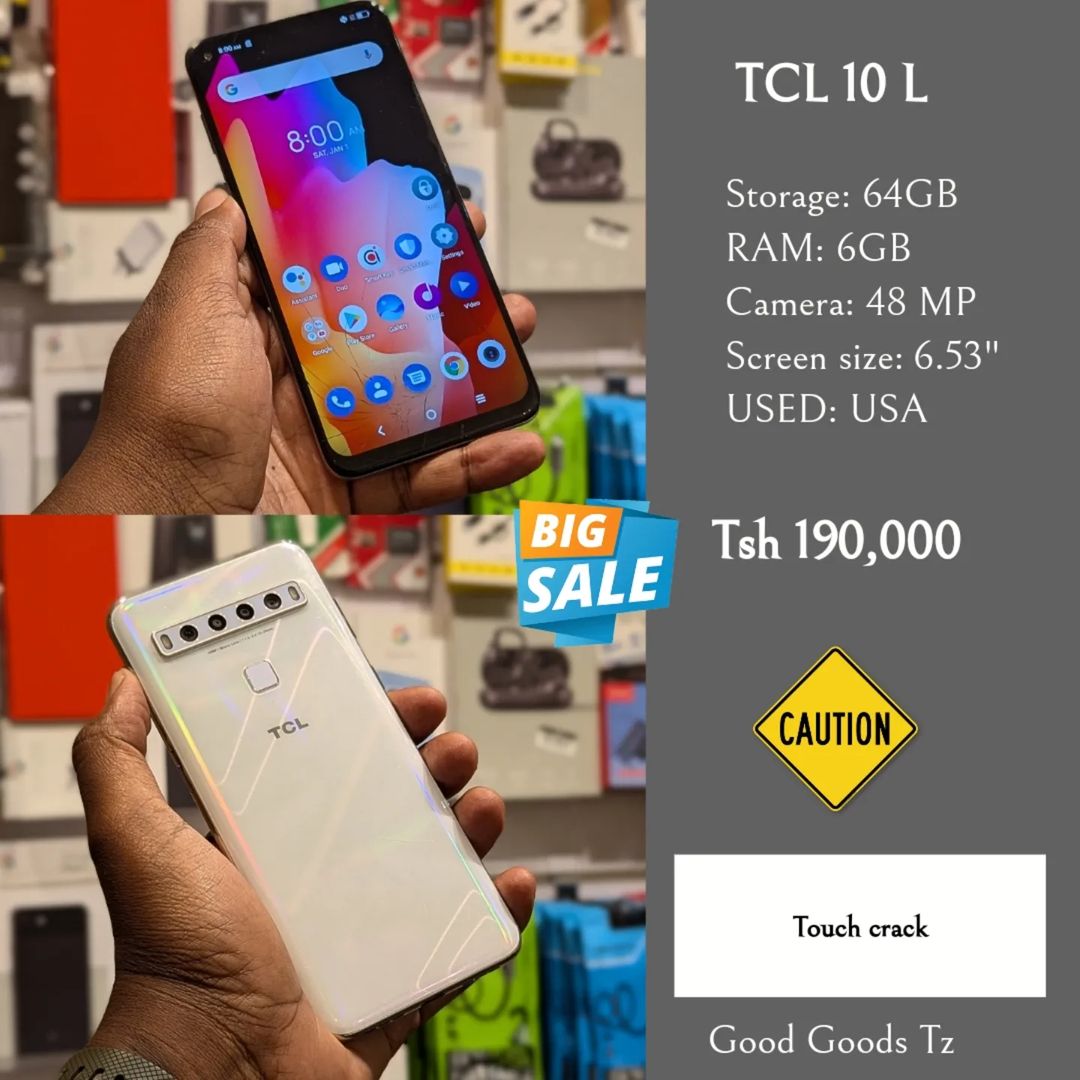 Takeer - TCL 10 L
Tsh 190,000
⬛64GB/6GB/48 MP/6.53"/SINGLE SIM.
⬛MTUMBA MPYA TOKA USA.
🟥CRACK KWENYE TOUCH. TOUCH INAFANYA KAZI VZURI SANA.
⬜VYENGINE VYOTE...