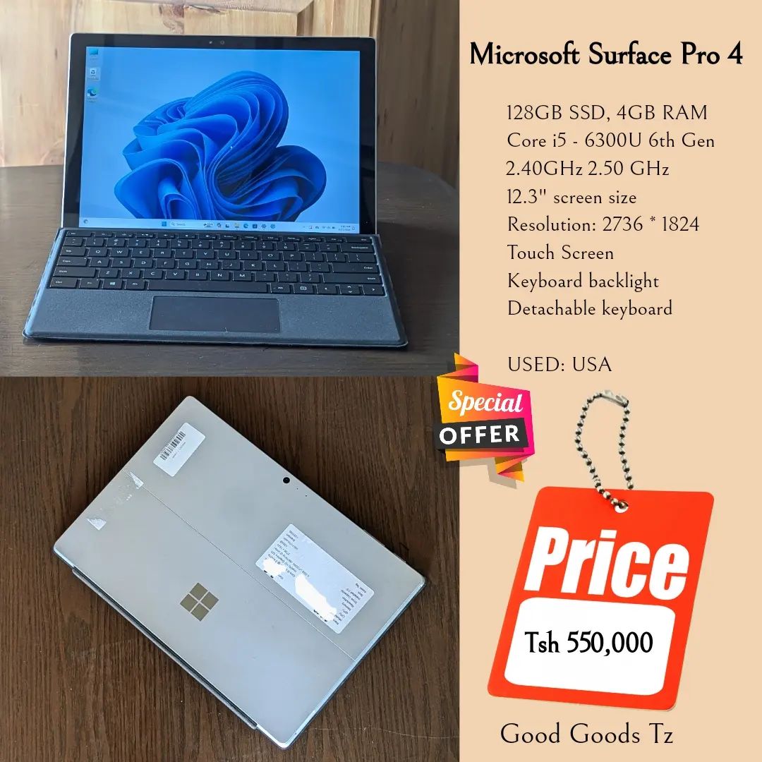 Takeer - Microsoft Surface Pro 4
Tsh 550,000
⬛128GB SSD Storage. 4GB RAM.
⬛Intel Core i5 6300U 6th Gen 2.40GHz 2.50 GHz.
⬛12.3" Screen size.
⬛Resolution: 27...