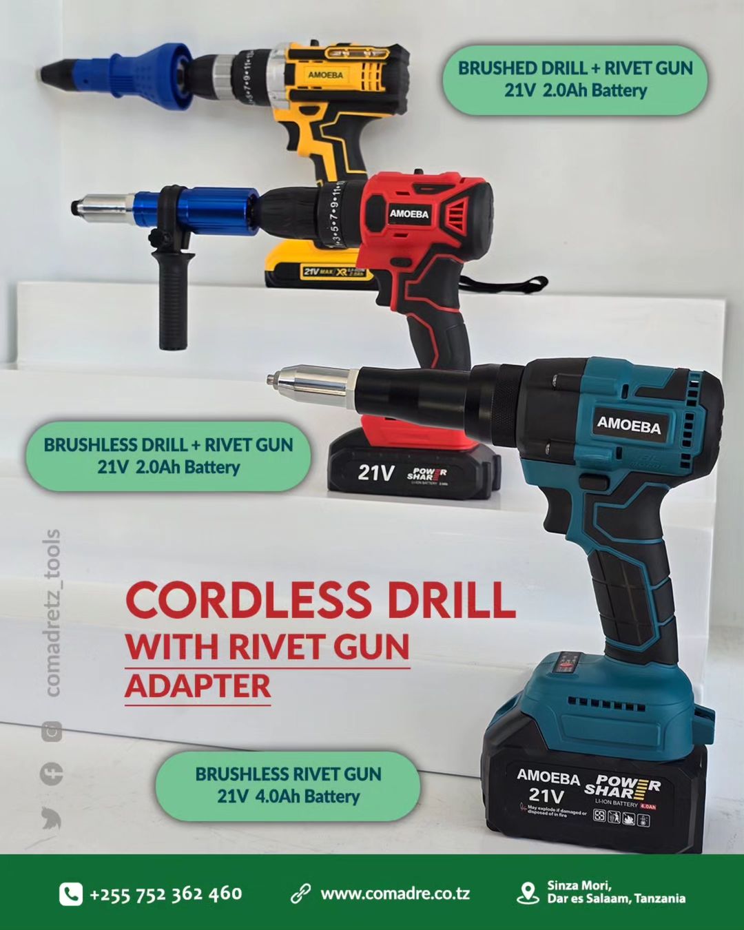 Takeer - Cordless Drill with Rivet Gun Adapter

✔️ Available in both Brushed and Brushless models. 
✔️ Equipped with high-capacity 2.0Ah and 4.0Ah batteries...