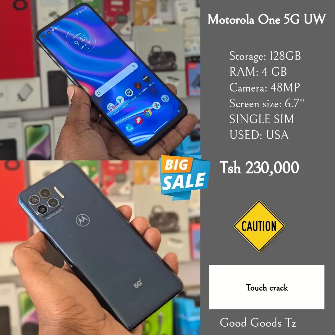 Takeer - Motorola One 5G UW
Tsh 230,000
⬛128GB/4GB/48 MP/6.7"/SINGLE SIM
⬛MTUMBA HALI MPYA TOKA USA.
🟥TOUCH CRACK na SCATCH NDOGO PEMBENI YA COVER LA CAMER...