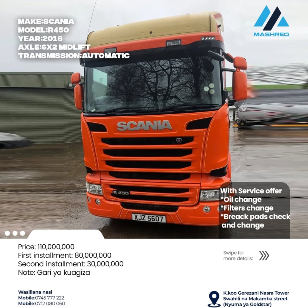 Takeer -   
   
 *Make* : ```Scania``` 
👑
 *Model* : ``R450``` 
 *Axle* : ```6X2 Midlift ``` 
 *Transmission* : ``Automatic ``` 

*With Service offer* 
 _*...