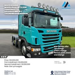 Takeer -   
   
 *Make* : ```Scania``` 
👑
 *Model* : ``G440``` 
 *Axle* : ```6X2 Midlift ``` 
 *Transmission* : `Manual ``` 

*With Service offer* 
 _*Oil ...
