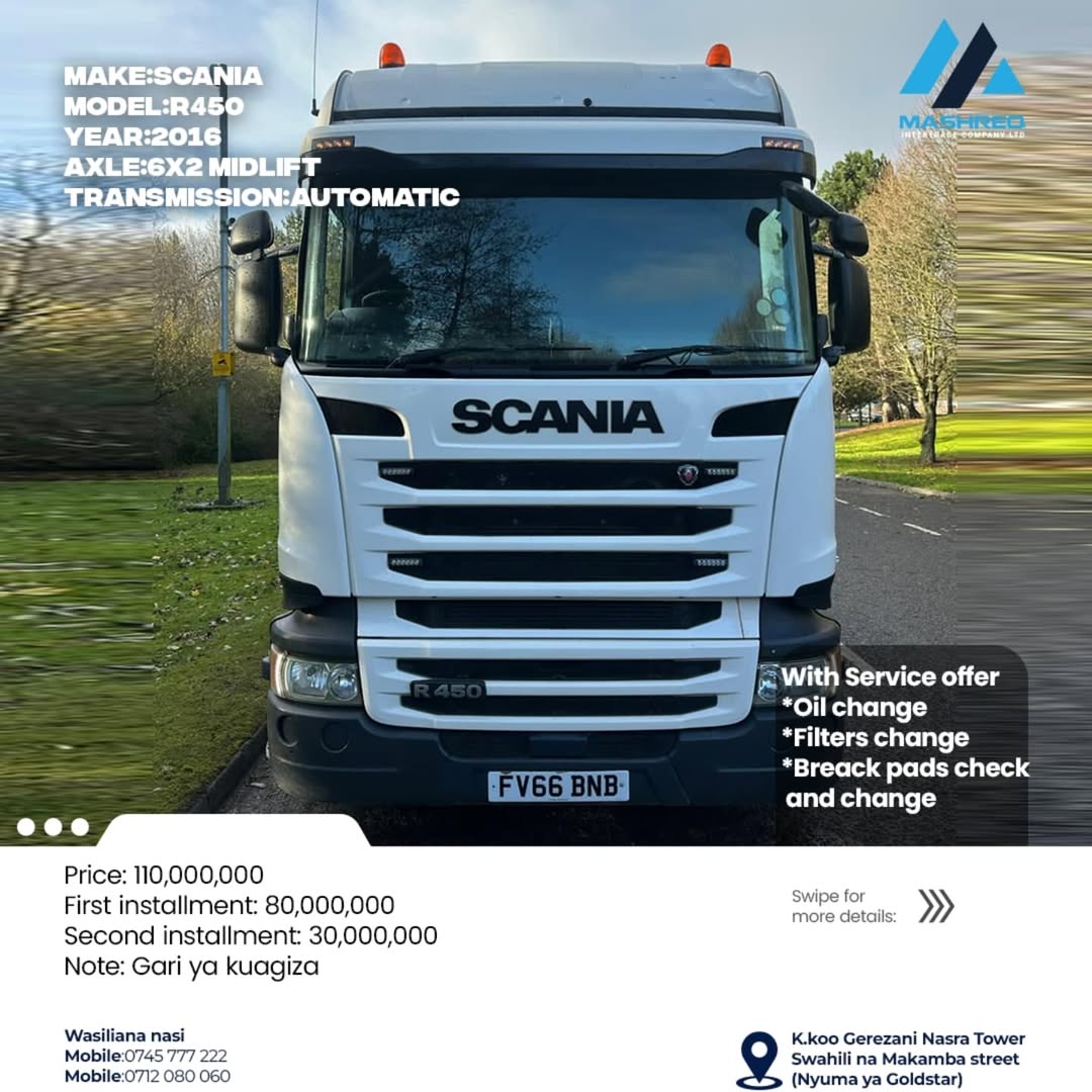 Takeer -   
   
 *Make* : ```Scania``` 
👑
 *Model* : ``R450``` 
 *Axle* : ```6X2 Midlift ``` 
 *Transmission* : `Manual ``` 

*With Service offer* 
 _*Oil ...