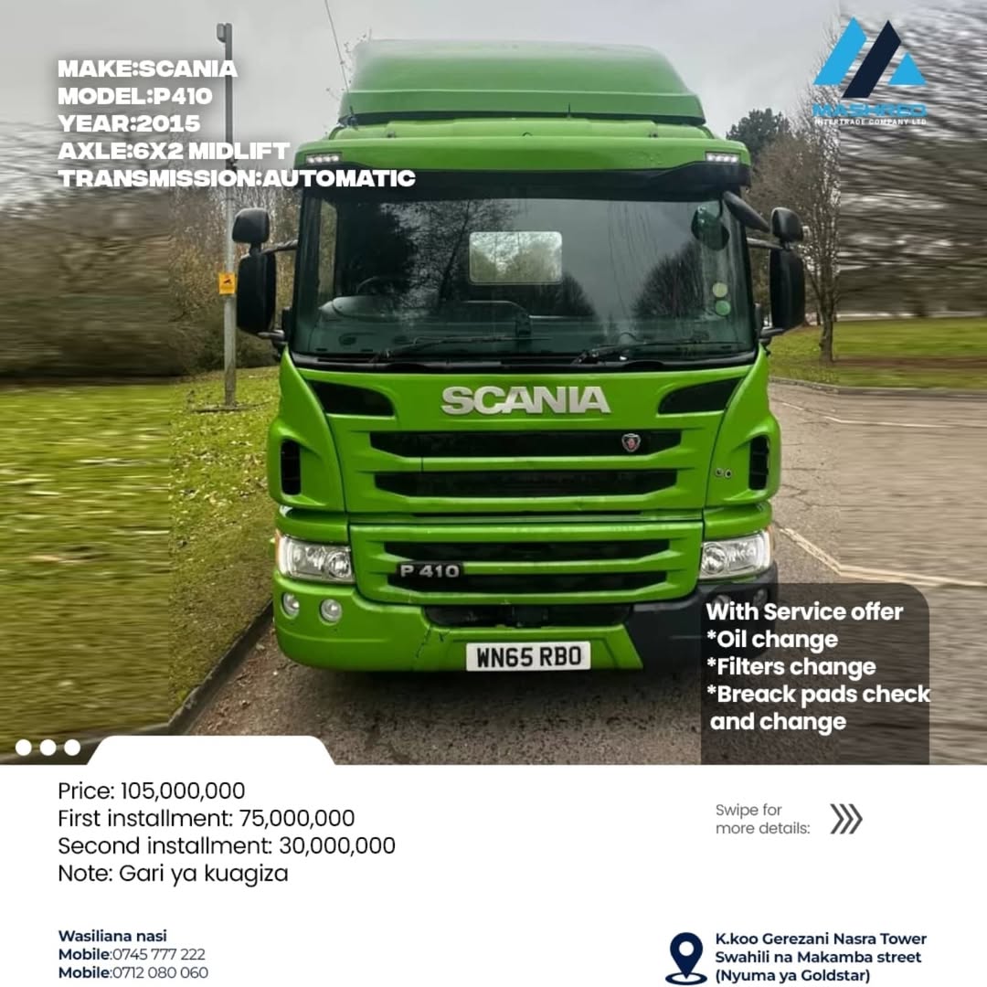 Takeer -   
   
 *Make* : ```Scania``` 
👑
 *Model* : ``P410``` 
 *Axle* : ```6X2 Midlift ``` 
 *Transmission* : `Automatic ``` 

*With Service offer* 
 _*O...