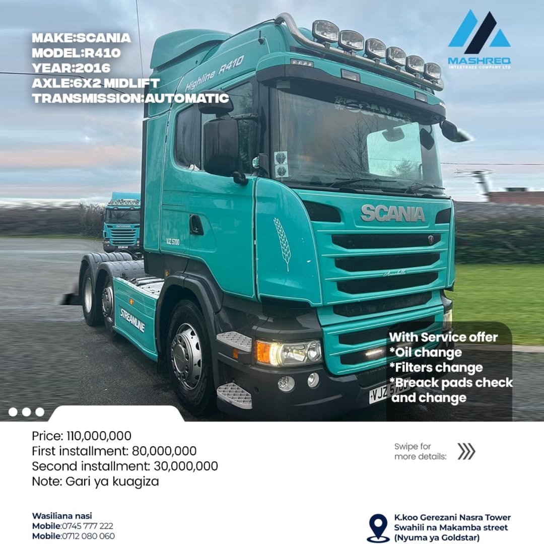 Takeer -   
   
 *Make* : ```Scania``` 
👑
 *Model* : ``R410``` 
 *Axle* : ```6X2 Midlift ``` 
 *Transmission* : ```Automatic ``` 

*With Service offer* 
 _...