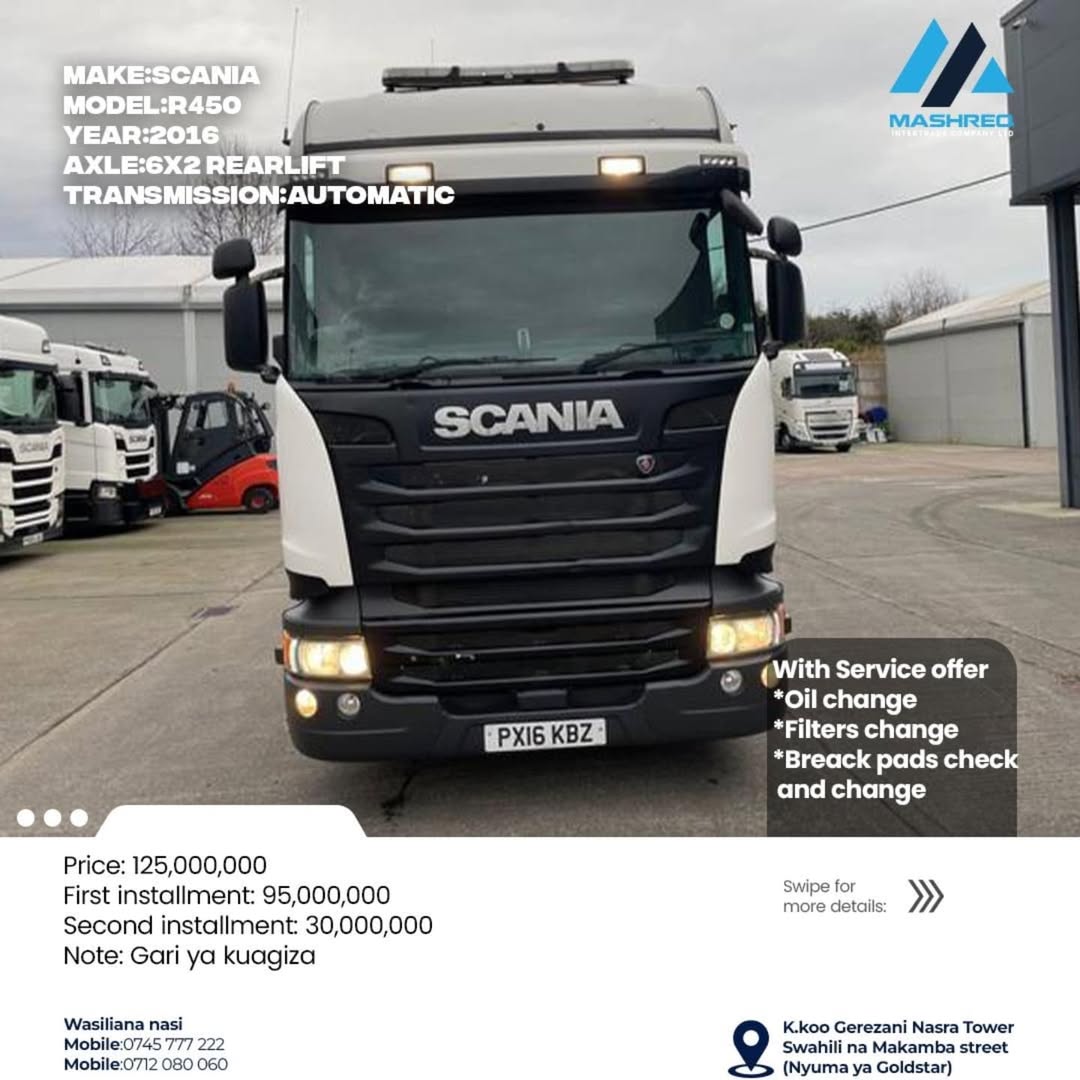 Takeer -   
   
 *Make* : ```Scania``` 
👑
 *Model* : ``R450``` 
 *Axle* : ```6X2 Rearlift ``` 
 *Transmission* : ```Automatic ``` 

*With Service offer* 
 ...